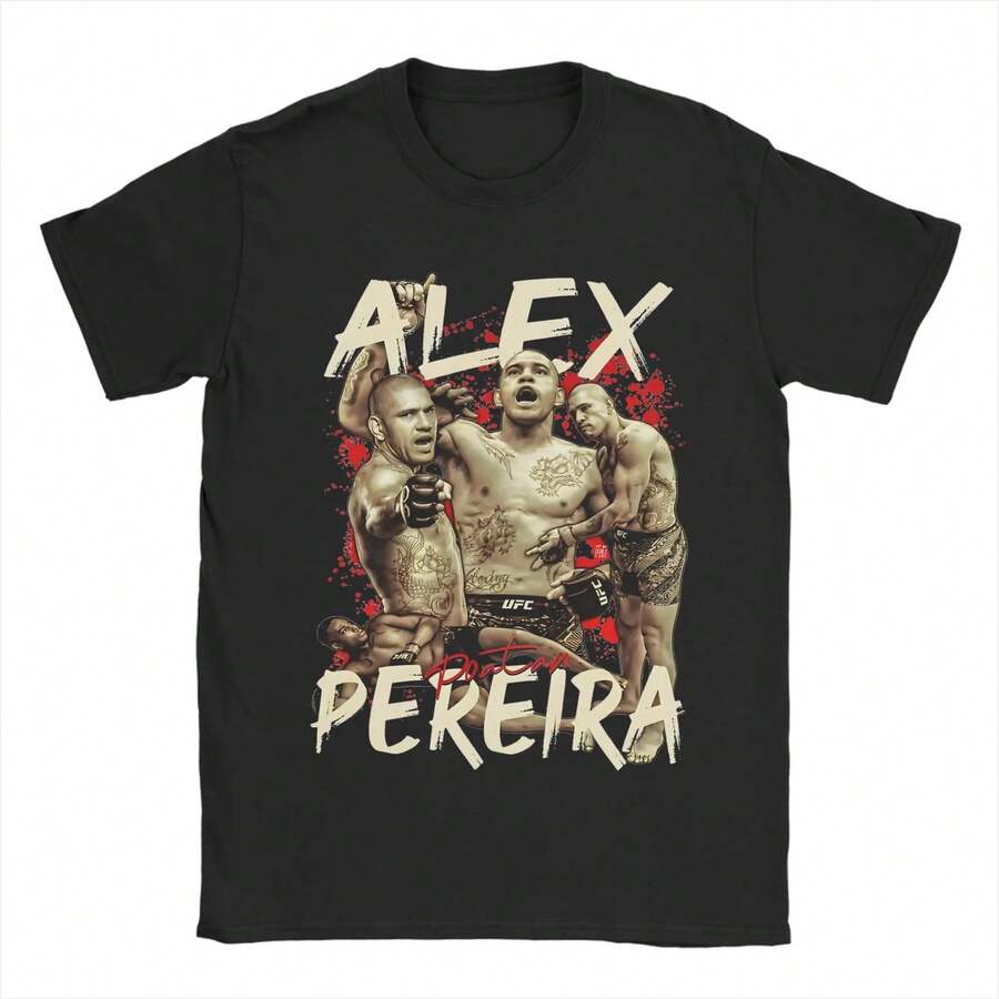 Camisetas de boxeo Alex Poatan Pereira para hombres y mujeres, camiseta única de algodón puro, cuello redondo, camiseta de manga corta, tallas grandes - Negro - Ver 1
