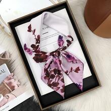 French-Inspired Floral Silk Scarf For Spring & Summer, Lightweight Faux Silk Neck & Head Scarf, Chic Pink Floral Print Sun Protection - 紫色 - 查看 11