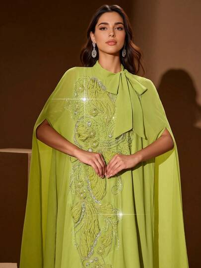 Women's Solid Color Flowy Collar, Front Panel Embroidered Flower Decor, Soft & Comfortable, Suitable For Various Occasions, Festivals & Casual Daily Wear, Distinctive Arabic Abaya