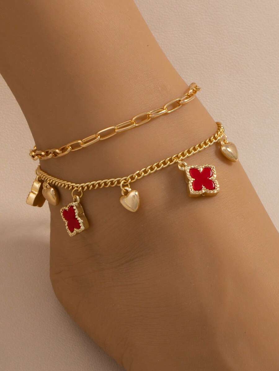 1pc Flower & Double-Layer Heart Pendant Anklet, Fashion Beach Style, Summer Holiday Gift For Women - Red - View 1