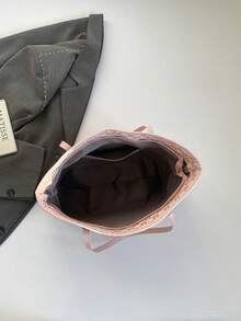 简约时尚大容量手提包，饰有蝴蝶结，拉链开口，轻巧纯色，配有双提手和肩带。适合女性日常生活、休闲、通勤、工作和学生使用。 - 粉色 - 查看 4