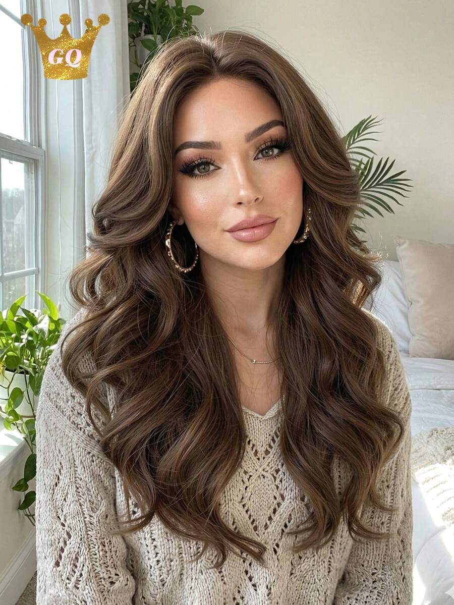 Tóc giả dài 22 inch màu nâu trung bình, kiểu gợn sóng, dành cho nữ, làm từ sợi tổng hợp chịu nhiệt, phù hợp sử dụng hàng ngày, đi làm và dự tiệc. - màu nâu - Xem 1