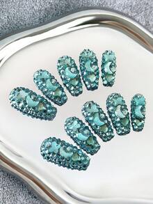 Valentine's Day Coffin Nails Y2K Handmade Press-On Nails With Transparent Tips, Mint Blue Rhinestones & Sparkling Full-Coverage 3D Designs - Full Cover DIY Glitter Artificial Nails, False Nails For Parties, Outdoor, Beach, Daily, Holidays, Gatherings, Work & Special Events - 10pcs/Bag - Mint Blue - View 1