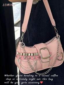1pc Y2K Fashionable Versatile Star & Moon Design Unique Silver Millennium Shoulder Chain Crossbody Bag[US-Based Shipping]Women's Y2k Star Embroidery Shoulder Bag,Mini Chain Hobo Handbag Purses,Punk Bag,  Gothic Tote Purse,Handbag Goth ,Rock Fashion Girls Handbag,Cute Studded Punk Rivet Purse,Starry Sky Print Women Handbag,Perfect For Girls' Street Style And Party Outfits, Also A Great Gift On Thanksgiving Day, Christmas Day, New Year, Birthday, Valentine's Day, Mother's Day, Other Holidays Or Anniversary For Your Mother, Sister, Daughter, Colleagues, Friends,Mochilas, Bag Charm, Valentine's Day, Bolsos, Valentines, Carteras Para Mujer, Cherry Keychain, Laundry Basket, Beach Bag, Summer, Car Interior Accessories, Cruise, Airplane & Laundry Travel Essentials, Backpack, Purse Accessories, Tote, Shoulder Bag, Bolsas De Mujer, Bible Cover, Purse Keychain, Bag Charms For Purse, Gorras Para Hombre, Travel Accessories, Vintage Baguette Bags, Suitcase, Handbags, Fairy Costumes - 粉色 - 查看 8