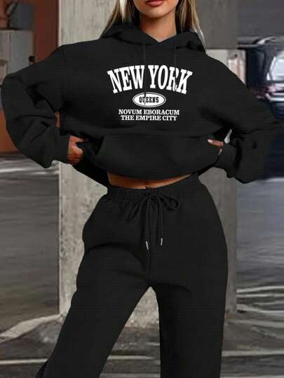 Mujer008 Conjunto de sudadera con capucha para mujer invierno  de manga larga cómoda suave Conjunto de ropa de estilo urbano con el logotipo de "NEW YORK" y "QUEENS", perfecto para destacar en cualquier ocasión