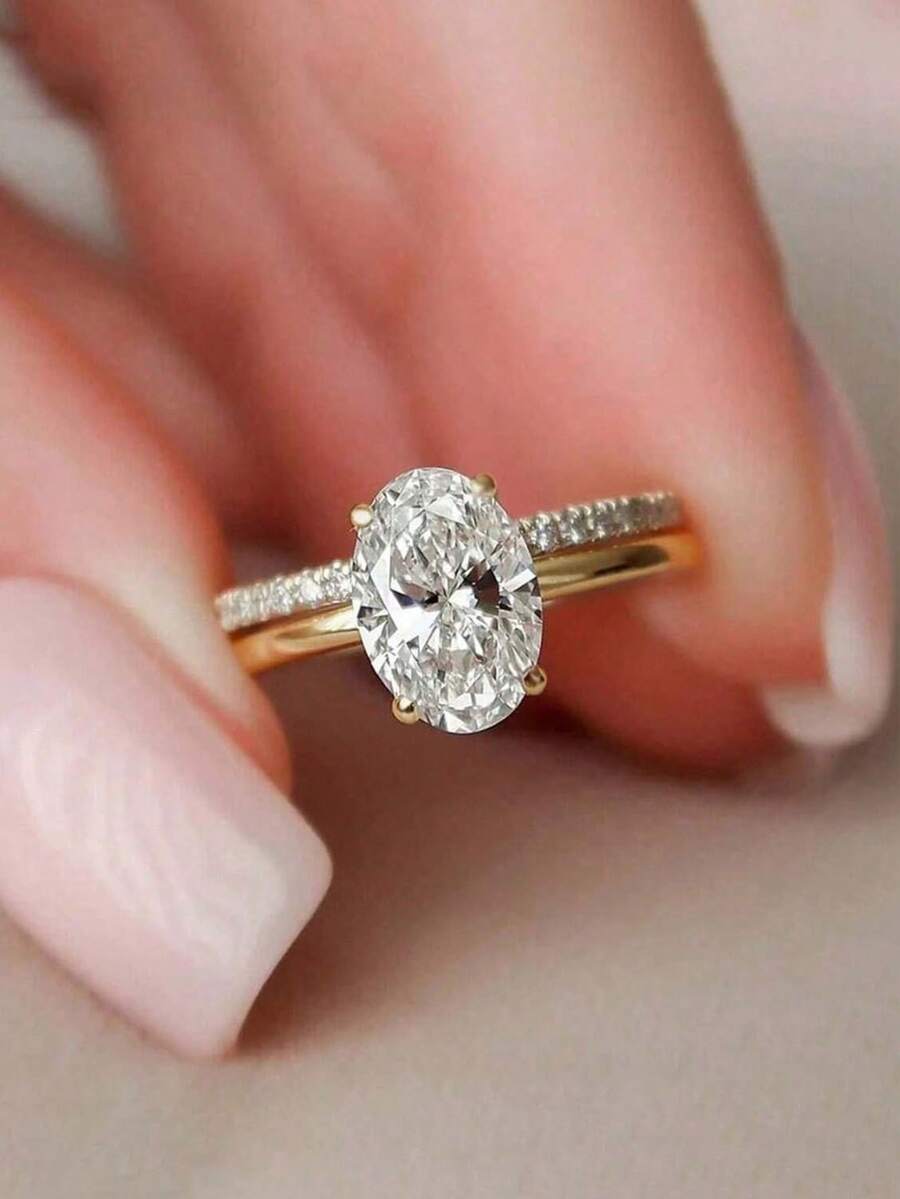 2pcs Luxury Ring Set - Oversized Gemstone Encrusted Full Pave Diamond Stackable Rings, Gold & Silver Open Rings, Bridal Wedding & Anniversary Gift (Women) - Multicolor - View 1