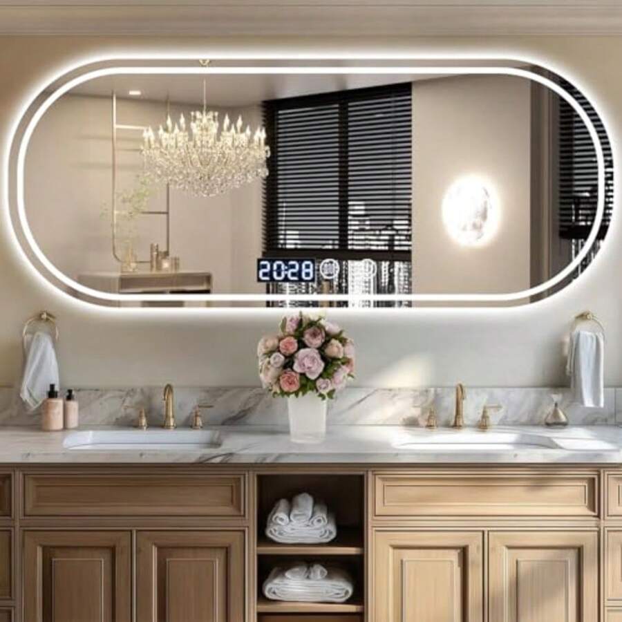 CYPNEspejo para Baño con Luz LED Espejo de Baño con Función de Memoria y Desempañado HD Espejo de Maquillaje con Ajuste de Hora Regulable 3 Colores 4mm Vidrio Prueba Explosiones 60 x 80cmFashion - 60L x 40A cm - Ver 1