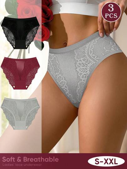 MIOTAN 3条装女士中/低腰蕾丝内裤，性感柔软透气内衣