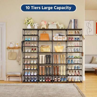 Shoe Rack Organizer For Entryway Closet 7280 Pairs 10Tier Heavy Duty Tall Garage Shoe Rack Shoe Shelf Shoes Storage With Removable Side Hooks For Bedroom And Garage, Black