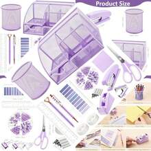 Juego de 15 piezas de suministros de oficina morados, organizador de computadora de malla, kit de accesorios incluye grapadora, dispensador de cinta, clips removedores de grapas, tijeras, notas - Púrpura - Ver 1