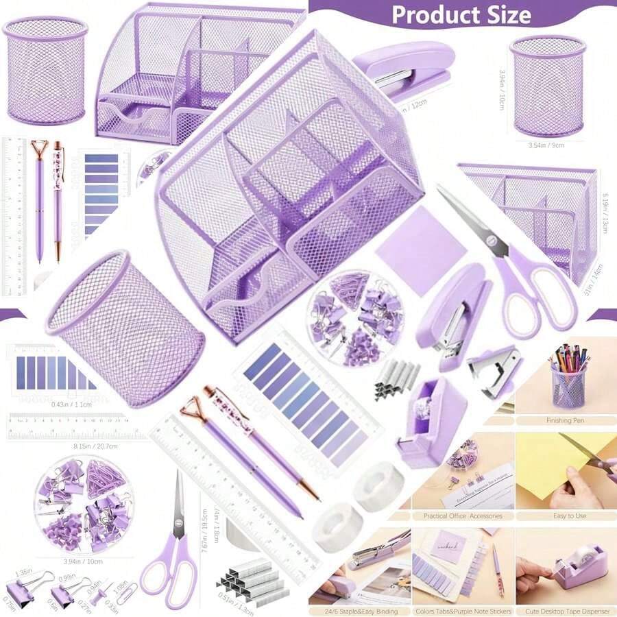 Juego de 15 piezas de suministros de oficina morados, organizador de computadora de malla, kit de accesorios incluye grapadora, dispensador de cinta, clips removedores de grapas, tijeras, notas - Púrpura - Ver 1