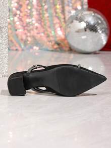 春季新款时尚女士尖头婚鞋，粗跟黑色水钻蝴蝶结休闲舒适鞋 - 黑色 - 查看 2