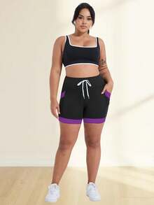 Damen Shorts in Große Größen, 5 Zoll hoher Bund mit Bauchkontrolle, Radlerhosen, Workout Tight Shorts, Yoga Shorts mit hoher Taille, Farbblockdesign, mit Taschen, geeignet für Sport, Laufen, Fitness und verschiedene Anlässe, Schwarz Sommer - Schwarz - Übersicht 8