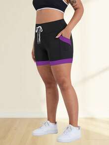Damen Shorts in Große Größen, 5 Zoll hoher Bund mit Bauchkontrolle, Radlerhosen, Workout Tight Shorts, Yoga Shorts mit hoher Taille, Farbblockdesign, mit Taschen, geeignet für Sport, Laufen, Fitness und verschiedene Anlässe, Schwarz Sommer - Schwarz - Übersicht 9