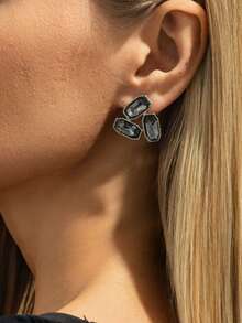 2pcs/Set Bohemian Geometric Asymmetrical Square Crystal Inlaid Fashion Earrings, Elegant Luxurious For Daily Casual, Party, Couple Date, Vacation, Women's Holiday Versatile Jewelry Gift - Earring - View 4