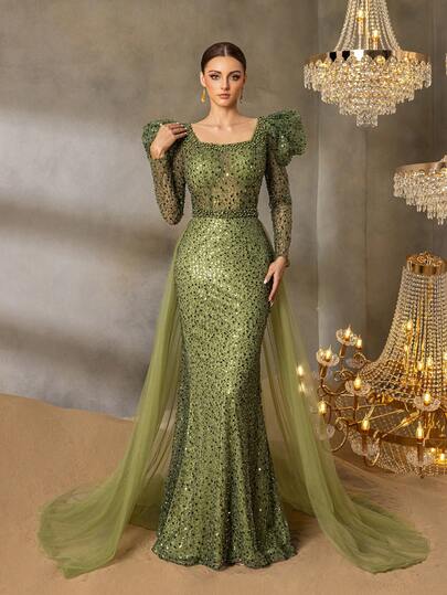 Faeriesty Vestido de noche de mujer con cuello cuadrado, mangas largas, adornado con lentejuelas, mangas de princesa, detalles de gasa transparente, silueta de sirena con cola, vestido formal elegante adecuado para invitados de boda, galas, alfombra roja, fiestas formales y celebraciones