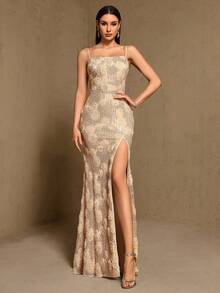 Spaghetti Strap 3D Floral Sequin High Slit Formal Gown, Suitable For Wedding Guest, Graduation Ceremony, Formal Dinner - 玫瑰金 - 查看 3
