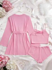 3pcs Women Sexy Sleepwear Set, Including Long Sleeve Long Nightgown (With Belt And Adjustable Straps), Ladies Camisole And Loose Shorts (Side Slit), Comfortable Stretchy Pajama Set - Pink - View 3