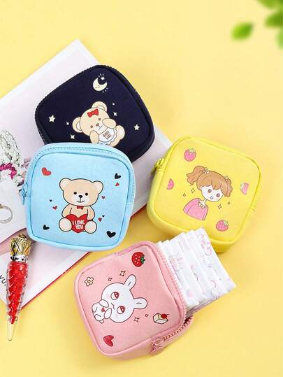 Cute Cartoon Pattern Portable Sanitary Pad Storage Bag, Suitable For Daily Use, Girlish Style, Minimalist Solid Color, Ins Style, Spring/Summer/Autumn/Winter, Teenage Girls, Female College Students, Young Working Women, Casual Outings, Valentine's Day, Mother's Day, Christmas, Halloween, Commuting, Campus Life, Short-Term Travel, Gym Workouts, Parties, Beach Vacations