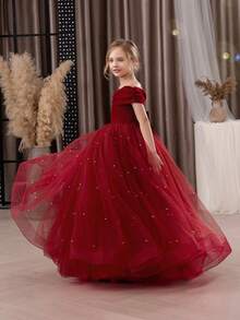 Tween Girl Christmas Dress Spaghetti Strap Bow Tulle Elegant Flower Girl Party Dress Princess Gown, Suitable For Girls Wedding, Party, Birthday, Communion, Special Occasions - Burgundy - View 3