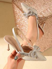Tacones de boda con lazo de strass para mujer - Beis - Ver 2