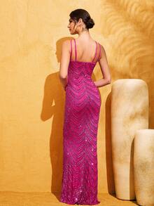 LOVE&LEMONADE Women's Fuchsia Sequin Backless Spaghetti Strap Elegant Sleeveless Formal Mermaid Evening Dress - Hot Pink - View 7