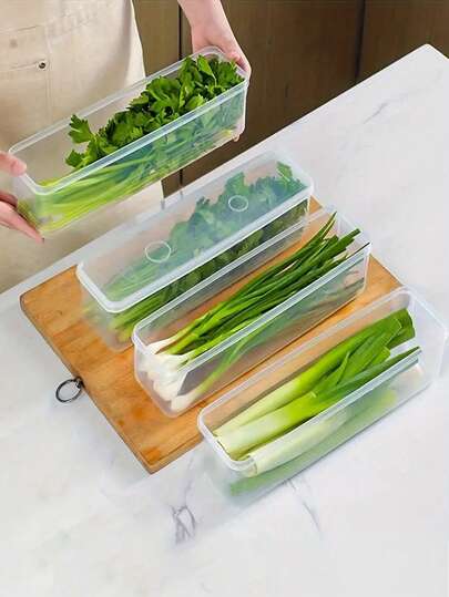 4pcs Rectangular Food Storage Containers, Reusable Plastic Refrigerator Organizer Boxes For Storing Scallions, Parsley, Cilantro, Garlic, Noodles, Eggs, Etc. With Lids, Hand Washable, Kitchen Essential, Back To School Must-Have