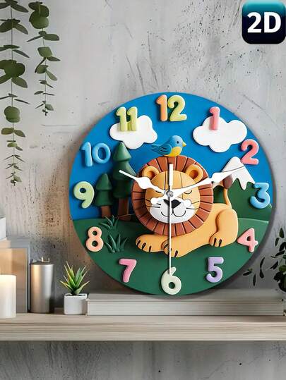 【动物主题挂钟】静音教育木制动物主题挂钟 | 彩色数字设计，既是有趣的家居装饰品，也是时间教学工具