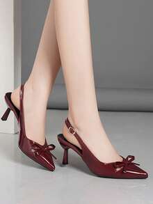 优雅蝴蝶结高跟鞋，女士新款夏季尖头细跟低鞋面仙女风小猫跟鞋 - 紅色 - 查看 6