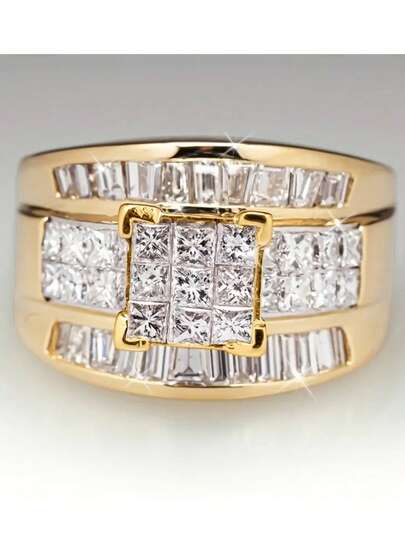 1 pieza Anillo de compromiso enchapado en oro de 14k con circonita cúbica sintética, accesorio de boda de lujo para fiesta nupcial, regalo de joyería de alta gama para seres queridos, regalo para fiestas