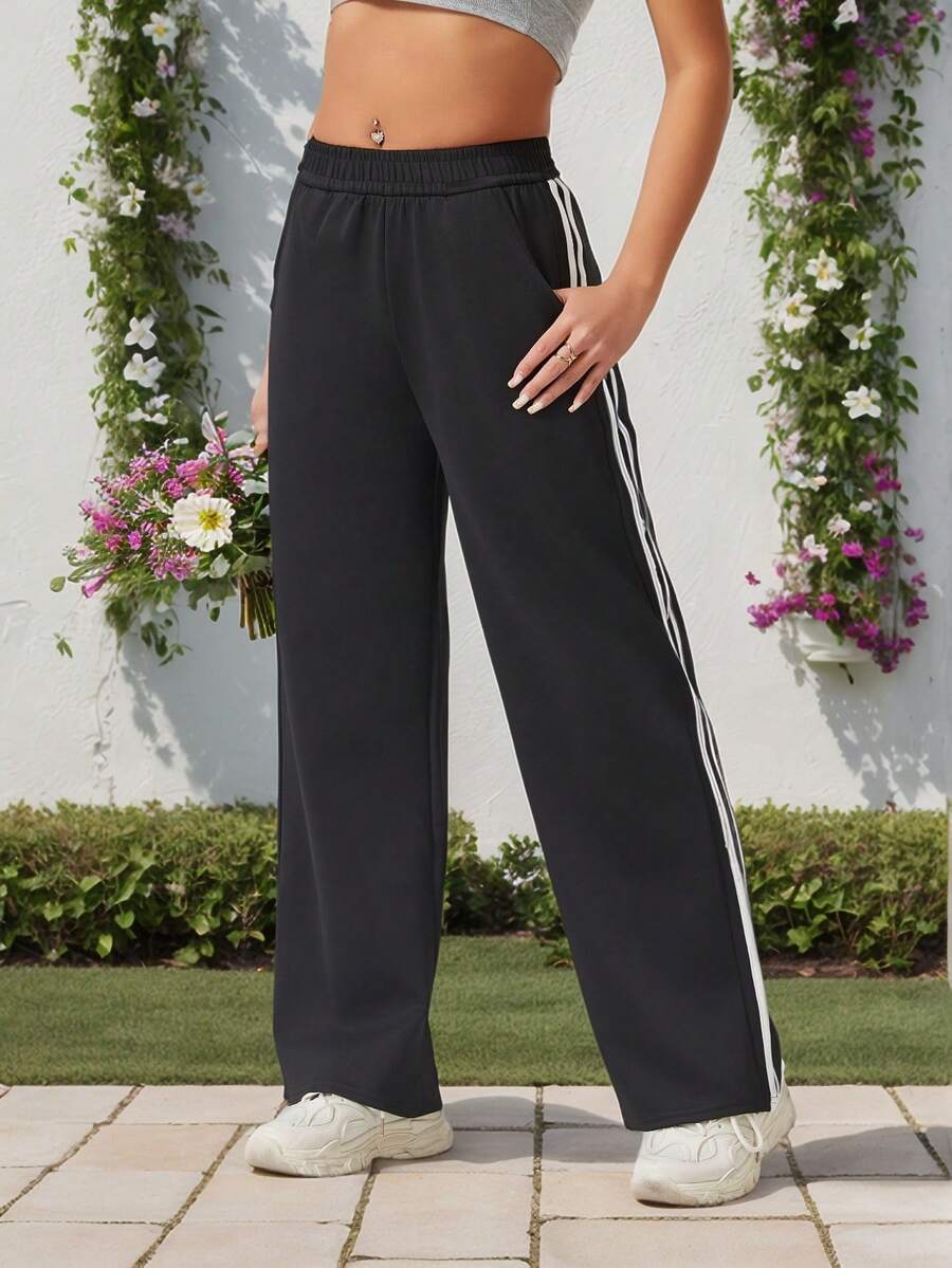 高腰修身瑜伽裤，带口袋，休闲直筒运动舞蹈裤，女款 - 黑色 - 查看 1