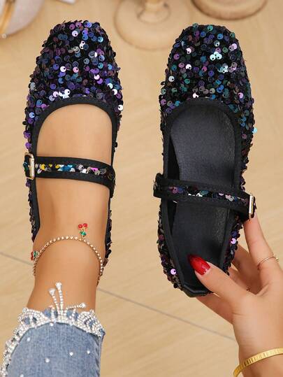 Plus Size EU35-43 Fashionable Sequin Square Toe Flat Shoes, Slip-On Casual Wear, Suitable With Dresses, Multi-Color Patterns Random