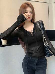 Sexy V-Neck Sheer Knit Long Sleeve Base Layer Top For Women, Tight Fit, Spring/Summer - Black - View 5