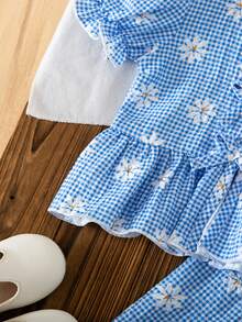 2件套女婴夏季雏菊印花蝴蝶结装饰前开襟泡泡袖上衣+配套可爱短裤套装 - 藍色 - 查看 7