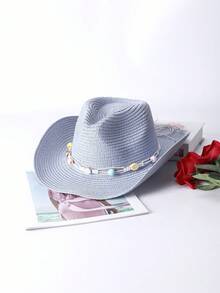 1pc Solid Color Bohemian Casual Straw Gem Cowboy Hat, Beach Vacation Sun Protection Straw Hat, Unisex Versatile For Commuting, All Seasons - C - View 25