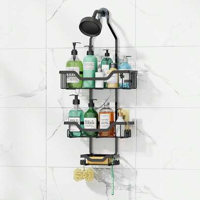 Estante de ducha colgante de 3 niveles, caja de almacenamiento sobre el cabezal de ducha, estante de almacenamiento de baño antivibración y resistente al óxido, organizador de ducha colgante