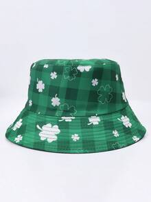 1pc Four-Leaf/Three-Leaf Clover Casual Party Cute Street Polyester UV Protection Reversible Bucket Hat, Suitable For Spring, Summer, Autumn, St. Patrick's Day, Unisex Lucky Clover Print Sun Hat