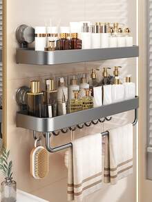 1pc Wall-Mounted Shower Caddy (With Suction Cups), With Towel Hooks, Space-Saving Bathroom Organizer For Shampoo, Soap, And Toiletries, Bathroom Shelf And Storage Box, Bathroom Tray