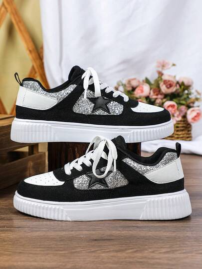 Men's Casual Sports Shoes, Classic Black And White Skate Shoes, Simple And Stylish With Silver Glitter Accents, Suitable For Both Men And Women, Perfect For Daily Outings, Commuting, And Gifting.