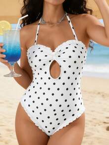 Women's Halter Neck Monokini Swimsuits Fashionable Dot Print Sleeveless Ruffle Bathing Suit - 白色 - 查看 3