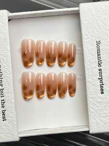 10pcs Handmade Nails Oval Nails Acrylic Press On Nails Medium, Minimalism Pink Nails Brown Gradient, Flashy Cateye, Simple Elegant Luxury Handcrafted Nails Autumn Nails, Fall Press On Nails, Cute Aesthetic, Versatile Nails DIY False Nail Art Party Daily & Dating Use Beach Tropical Getaway Suitable Reusable, For Women & Girls As Gift Nail Supplies - Pink - View 12