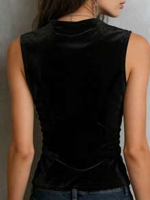 Women's Fashionable Elegant Casual Daily Urban Minimalist Commuter Black Single-Breasted Sleeveless V-Neck Vest, Court Style Design, Summer Sleeveless Open Front Vest, Ladies Beach/Office Vest - Black - View 6