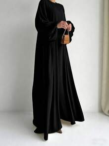 Woven Fabric Modest Long Sleeve Kaftan And Jalabiya With Round Neckline - Black - View 5