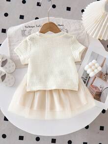 2pcs Baby Girls' 3D Strawberry Print Round Neck T-Shirt And Casual Pleated Skirt Set, Cute And Elegant Street Style - Multicolor - View 2