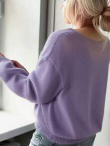 Women's Solid V-Neck Casual Loose Pullover Knit Sweater, Long Sleeve - Purple - View 2