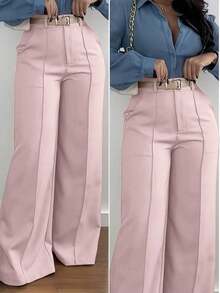 Jisfaneya Beltless Solid Color Zipper Button Pocket Wide-Leg Suit Fabric Pink Pants Elegant Commuter Versatile Office Academic Daily Spring Summer Wide-Leg Pants - màu đen - Xem 9