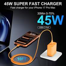 JOZASHON 快速充电美规A型插头110-127V 45W USB-C墙充，3米/10英尺，适用于 17/16 Pro Max，45W USB-C超级快充充电器，配备10英尺长Type-C充电线，适用于 17 Pro Max/17 Pro/17 Air/17/16/16 Pro - 星空橙情人节礼物 - 美規A型插(110-127V) - 查看 5