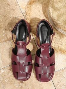 Damen Mode Plateau-Sandaletten mit dickem Absatz und Peeptoe, neue Frühlings-/Sommer-Flechtschuhe, Ganzjahres-Flatform-Sandalen, runde Zehenpartie, burgunderrot, Hohlmuster-Kreuzriemen, Plateau-Absatz, Lässig Kleid-Sandalen, atmungsaktiv und bequem für Urlaub und Outdoor, Collegestil Mittelhöhe - Bordeaux - Übersicht 8