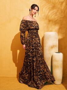 LOVE&LEMONADE Fashionable Women's Leopard Print Open Shoulder Long Sleeve Cinched Waist Detail Long Dress Wedding Party Spring - Brown - View 2