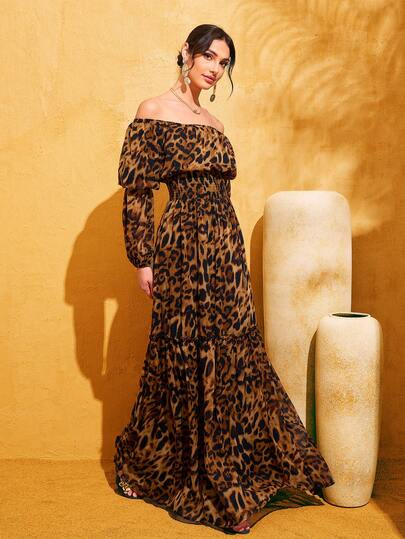 LOVE&LEMONADE Fashionable Women's Leopard Print Off-Shoulder Long Sleeve Cinched Waist Detail Long Dress
